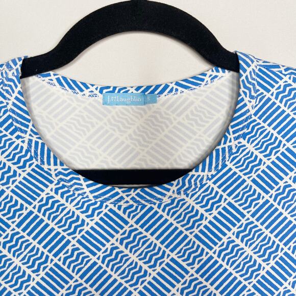 J McLaughlin Small S Blue White Geometric Print 3/4 Sleeve Catalina Cloth Top - Picture 5 of 7